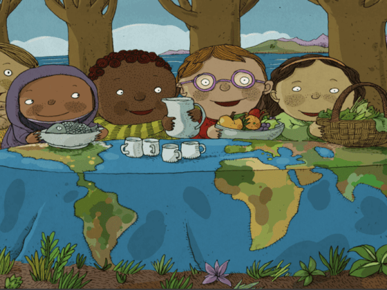 illustration of FAO's activity book right to foods with 4 children sitting at a table with a world map tablecloth